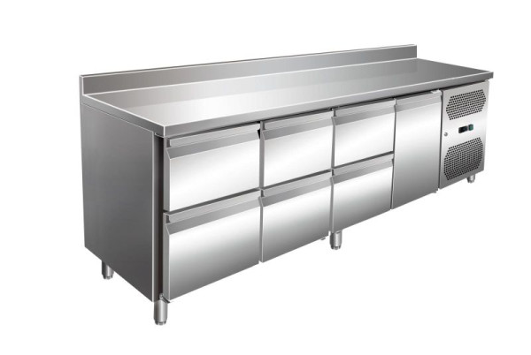 A&S Polarny VIP Kühltisch mit 3x 2 Schubladen und 1 Tür und Aufkantung -2 bis +8°C 2.230x600x960 mm, KT-VIP-600-4-C6A