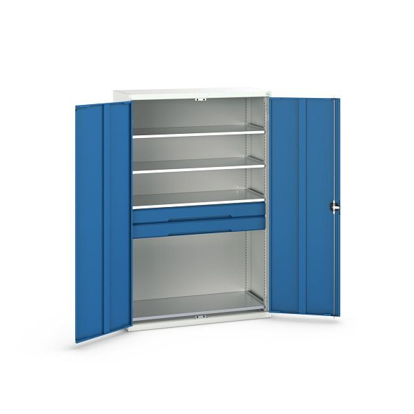 bott verso Flügeltürschrank mit Schubladen, mit 4 Fachböden und 2 Schubladen, BxTxH: 1300 x 550 x 2000 mm, Lichtgrau / Enzianblau, 16926654.11