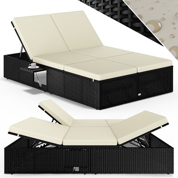 casaria Polyrattan Gartenliege Schwarz/Creme 200x115x33cm, 996903