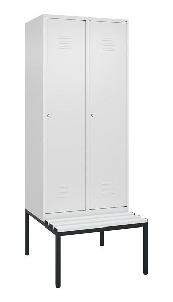 C+P Umkleidespind Classic PLUS, mit untergebauter Sitzbank, 2 Abteile, 2120x800x815mm, 9016/9016, Zylinderschlösser, 0800507-22 S10029