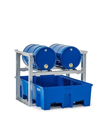 DENIOS Fassregal für 2 Fässer à 60 Liter, mit Kunststoffwanne, 1049 x 1245 x 837 mm, 291779
