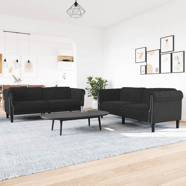 vidaXL 2-tlg. Sofagarnitur Schwarz Samt, Polyester, 3209224