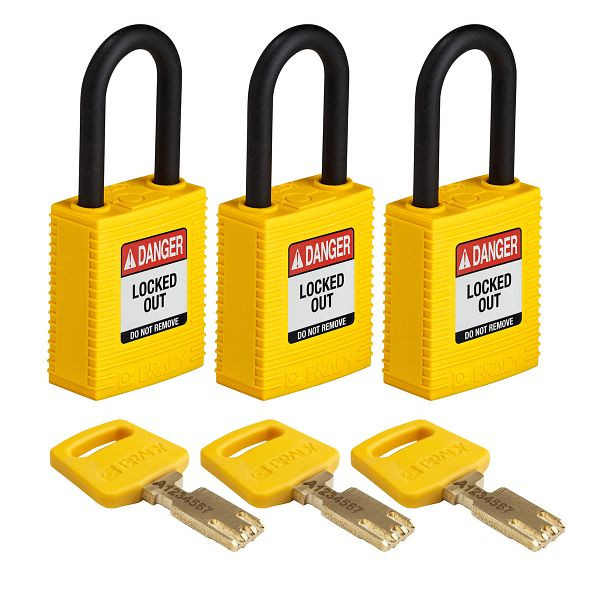 Brady Vorhängeschlösser SafeKey, Kunststoffbügel, lichte Bügelhöhe 38,10 mm, gelb, VE: 3 Stück, 311893