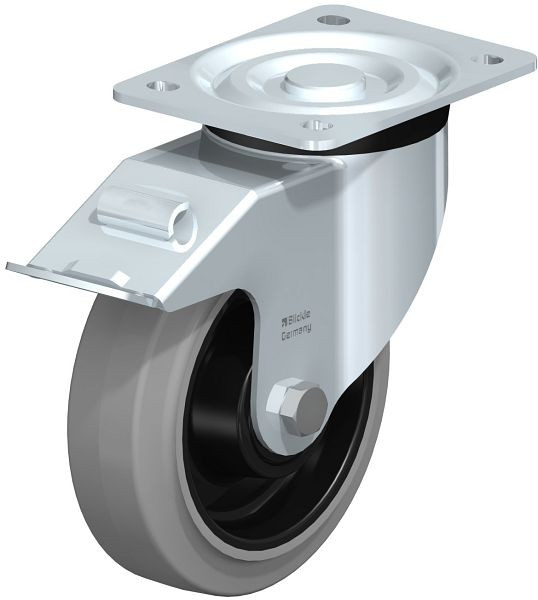 Blickle L-POEV 160XKA-FI-SG Stahlblech-Lenkrolle, mittelschwere Ausführung, mit Anschraubplatte & Feststeller, Elastik-Vollgummi, Grau, 850668