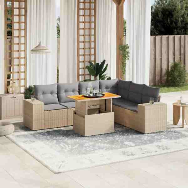 vidaXL 7-tlg. Garten-Sofagarnitur mit Kissen Beige Poly Rattan, UV-beständig, 3272655