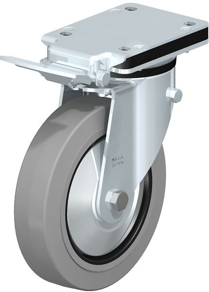 Blickle LK-POEV 200R-IS-SG-FA Stahlblech-Lenkrolle, mittelschwere Ausführung, mit Anschraubplatte & Feststeller, Elastik-Vollgummi, Grau, 750404