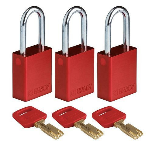 Brady Vorhängeschlösser SafeKey, mit Stahlbügel, VE: 3 Stück, lichte Bügelhöhe 38,10 mm, rot, 311838