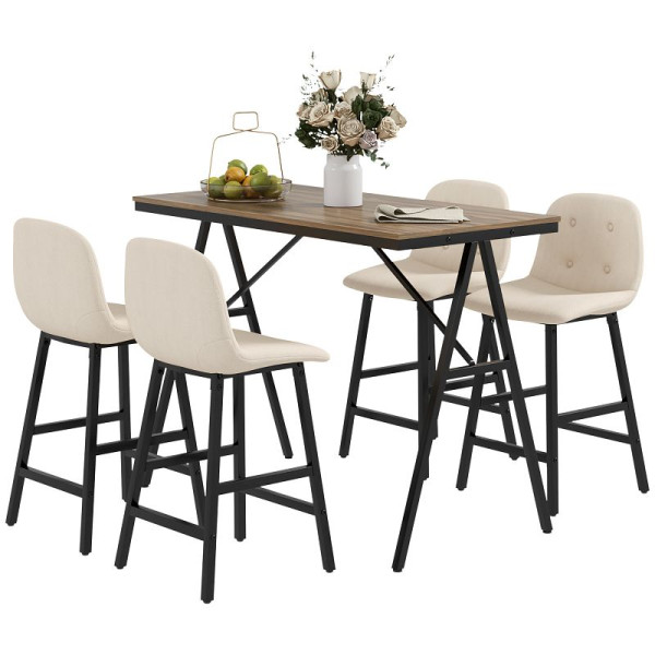 HOMCOM Bargarnitur 5-teilig, Tisch und 4 Stühle, Knopfheftung, dicke Polsterung, Leinenoptik, Beige, 835-875V80BG