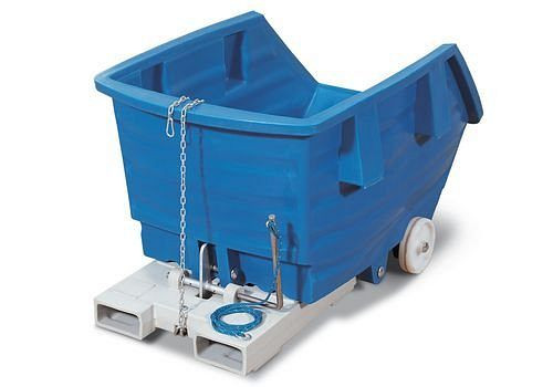 DENIOS Kippbehälter aus Polyethylen (PE), mit Rollen und Gabeltaschen, 1000 Liter Volumen, blau, 181692