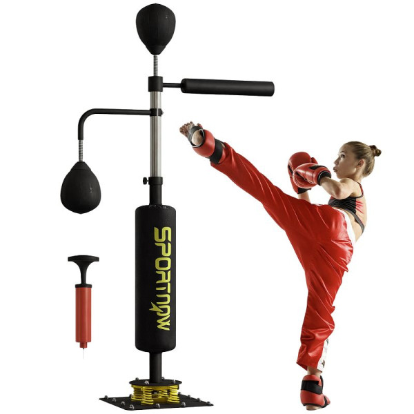 SPORTNOW Boxstand, zwei Speedballs, drehbare Boxstange, Kickpolster, höhenverstellbar, Stahl, 107 x 36 x 140-205 cm, Schwarz, A91-249V00BK