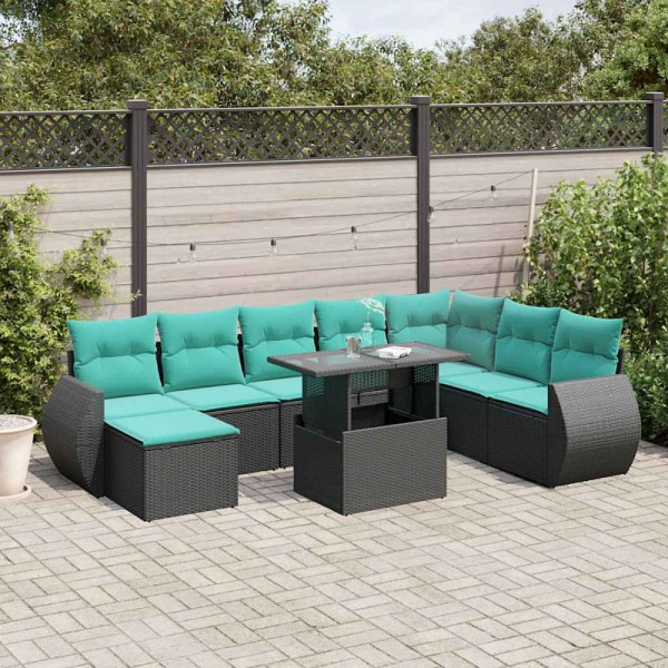 vidaXL 9-teiliges Gartensofa-Set mit Kissen, schwarzes Polyrattan, 3268727