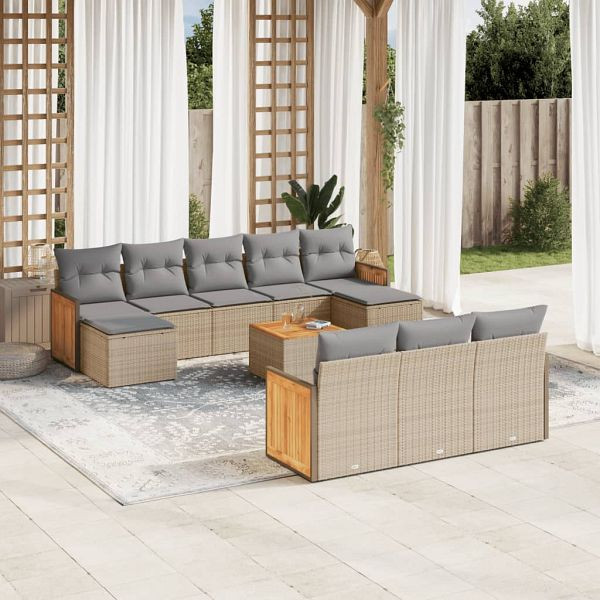 vidaXL 11-tlg. Garten-Sofagarnitur mit Kissen Beige Poly Rattan, 3228103