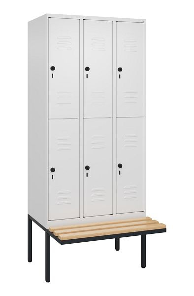 C+P Doppelstöckiger Spind Classic PLUS, 3 Abteile, 2120x900x815mm, 9016/9016, Drehriegel, Sitzleisten aus Buche, schwebende Sitzfläche, 0803407-30 S10014
