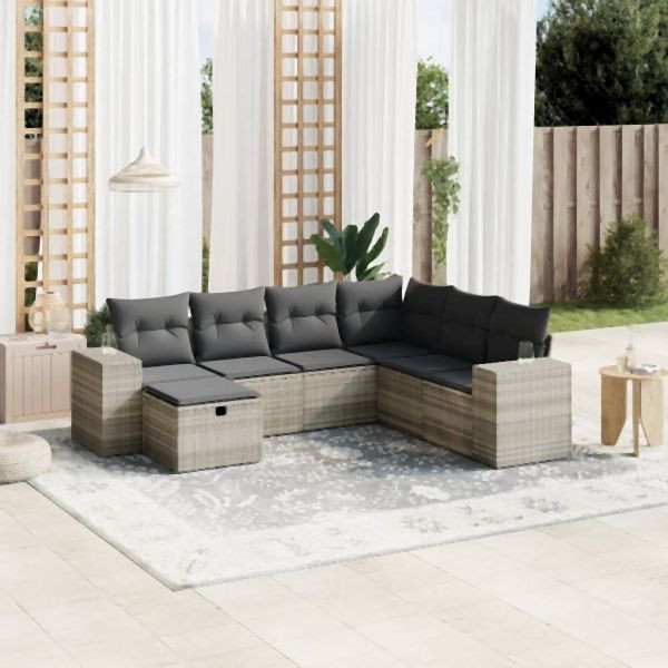 vidaXL 7-tlg. Garten-Sofagarnitur mit Kissen Hellgrau Poly Rattan, 3264458