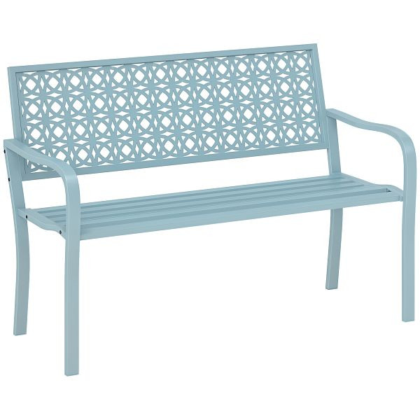 Outsunny Außenbank, Gartenbank aus Stahl, Ausgeschnittene Rückenlehne, Armlehnen, für 2 Personen, Blau, 84G-558V00BU