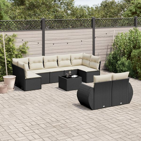 vidaXL 10-teilig Garten-Sofagarnitur mit Kissen Schwarz Poly Rattan, 3221825