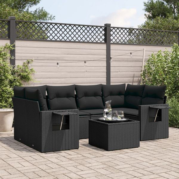 vidaXL 7-teilig Garten-Sofagarnitur mit Kissen Schwarz Poly Rattan, 3219914
