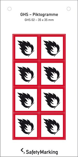 SafetyMarking GHS-Gefahrenpiktogramm, Symbol 02: Flamme, BxH 3,5x3,5 cm, Folie, selbstklebend, VE: 8 Stück/Bogen, 30.3552-02