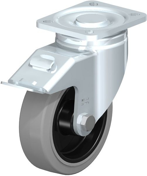 Blickle LH-POEV 125XR-1-FI-SG Stahlblech-Lenkrolle, Schwerlast-Ausführung, mit Anschraubplatte & Feststeller, Elastik-Vollgummi, Grau, 851775