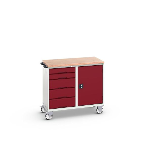 bott verso Montagewagen, mit 5 Schubladen, Tür und Multiplex-Top, BxTxH: 1050 x 600 x 980 mm, Lichtgrau / Purpurrot, 16927121.24