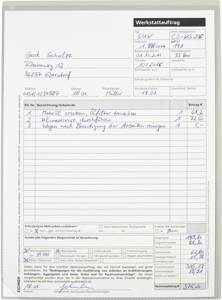 Eichner Auftragsschutzhülle Light, ohne Schlüsseltasche, VE: 10 Stück, 9015-00587