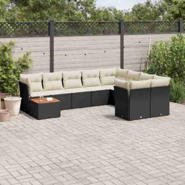 vidaXL 10-tlg. Garten-Sofagarnitur mit Kissen Schwarz Poly Rattan, UV-beständig, 3256154