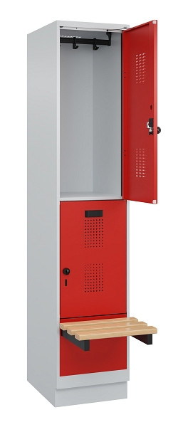 C+P Doppelstock-Spind Evolo PLUS, Bank, 2 Fächer, 1950x400x815mm, 7035/3020, Drehriegel, Sitzfläche Buche-Hartholz, mit Sockel, 049340-12 S10005