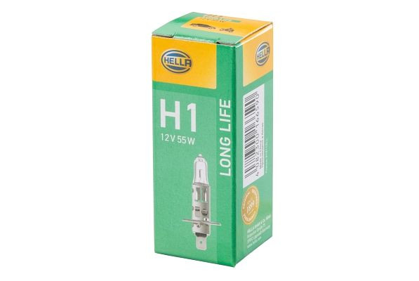 HELLA Halogen-Glühlampe, H1, Long Life up to 3x longer lifetime, 12V, 55W, Sockelausführung Glühlampe: P14.5s, Schachtel, 8GH 002 089-351