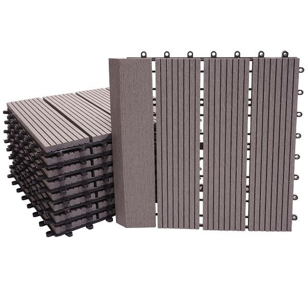 Mendler WPC Bodenfliese Rhone + Abschluss, Holzoptik Balkon/Terrasse, 11x je 30x30cm = 1qm Premium, grau linear senkrecht, 77617