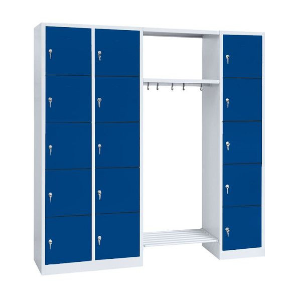 Lüllmann Garderobe, 2 Abteile links, 1 Abteil rechts, je 5 Fächer, 1800 x 1915 x 500 mm, lichtgrau/enzianblau, 525531