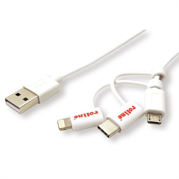 ROLINE USB 2.0 Sync- & Ladekabel Typ A - Typ C / 8-Pin / USB MicroB, weiß, 1 m, 11.02.8329