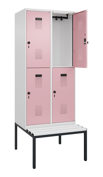 C+P Doppelstock-Spind Evolo PLUS, Bank, 4 Fächer, 2120x800x815mm, 9016/3015, Drehriegel, Sitzfläche Kunststoff, Sitzbank, 0493507-22 S10099