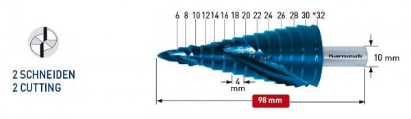 Karnasch Stufenbohrer HSS-XE, Blue-Dur beschichtet Spiral genutet - 2 Schneiden 6-30mm, 201449