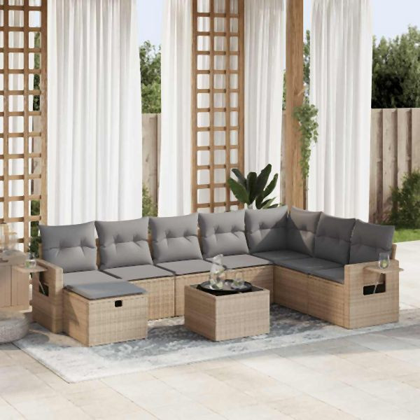 vidaXL 9-tlg. Garten-Sofagarnitur mit Kissen Beige Poly Rattan, 3325545