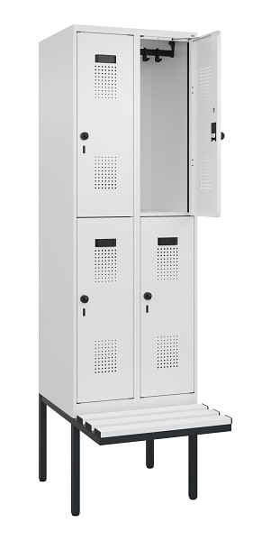 C+P Doppelstock-Spind Evolo PLUS, Bank, 4 Fächer, 2120x600x815mm, 9016/9016, Drehriegel, Sitzfläche Kunststoff, 0493407-20 S10101