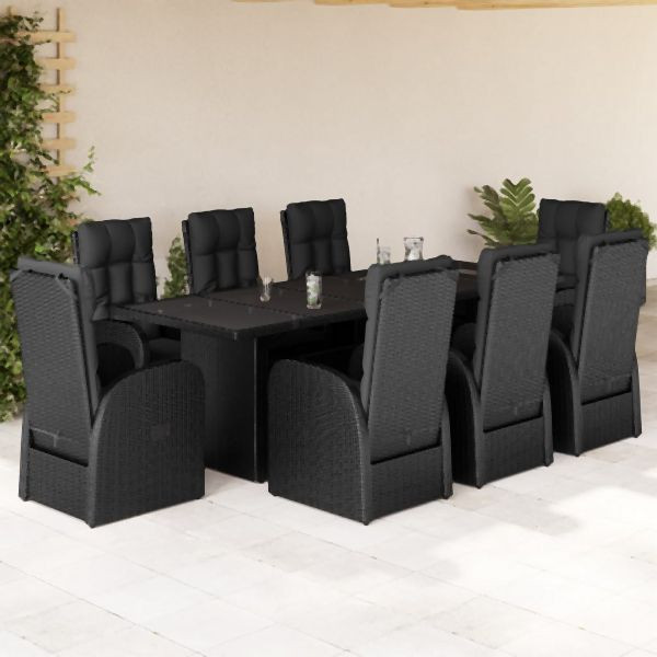 vidaXL 9-tlg. Garten-Essgruppe mit Kissen Schwarz Poly Rattan, 3277638