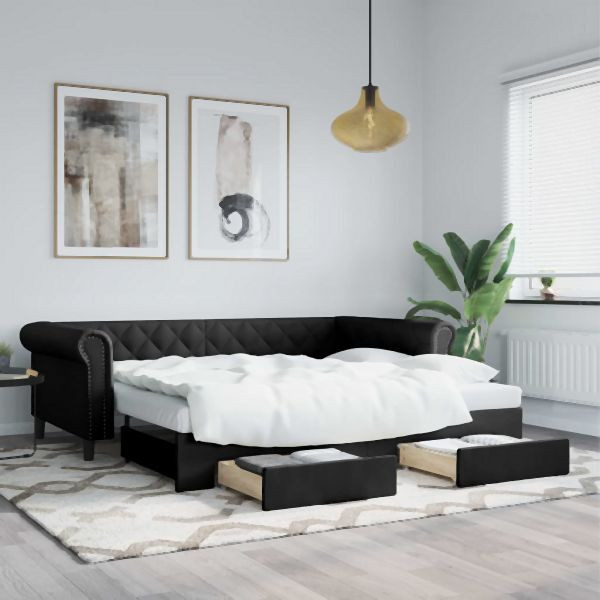 vidaXL Tagesbett Ausziehbar mit Schubladen Schwarz 90x200cm Kunstleder, 3197731