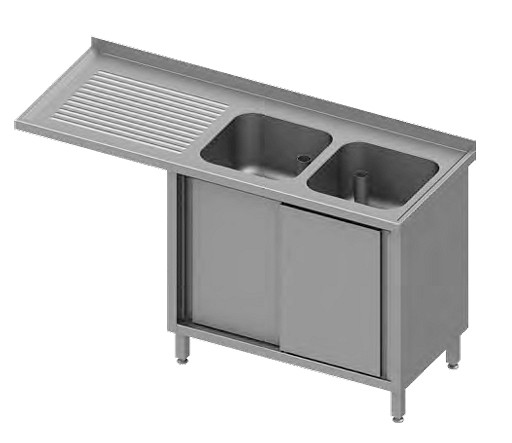 Stalgast Spülschrank mit Schiebetüren und Überstand 1600x700x900 mm, mit zwei Becken links, mit Aufkantung, verschweißt, VSK16727LA