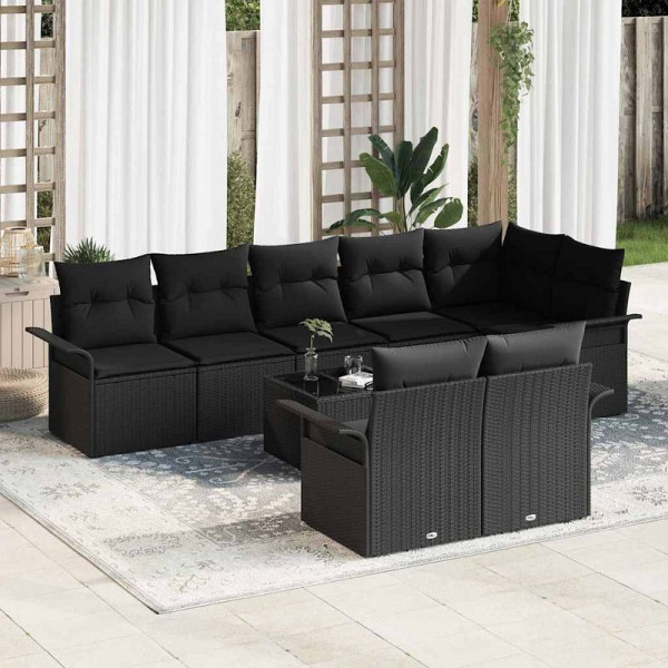 vidaXL Garten-Sofa-Set mit Kissen, 9er Set, Schwarz Poly Rattan, 3354092