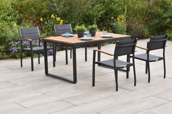 Merxx Paxos Set 5-teilig, 4 Paxos Stapelsessel, gepolstert, graphit/grau, 1 Ausziehtisch, 150 (200) x 90 cm, 50990-307