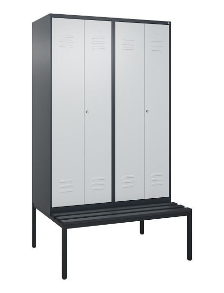 C+P Umkleidespind Classic PLUS, Doppel-Spind, 4 Abteile, 2120x1200x815mm, 7016/7035, Zylinderschlösser, mit untergebauter Sitzbank, 0800527-40P S10028