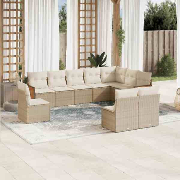 vidaXL 10-tlg. Garten-Sofagarnitur mit Kissen Beige Poly Rattan, UV-beständig, 3260154