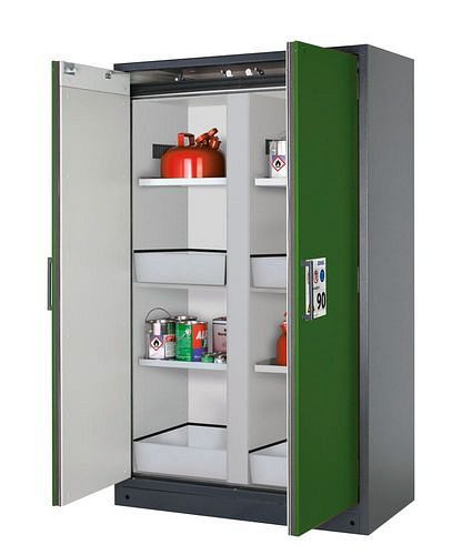 asecos Feuerbeständiger Gefahrstoffschrank Select, Mittelwand, mit Einlegeböden, Bodenwannen, grün, 266843