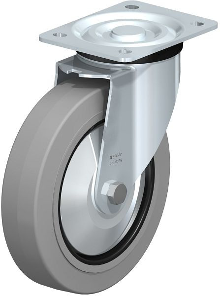 Blickle L-POEV 200R-SG-FA Stahlblech-Lenkrolle, mittelschwere Ausführung, mit Anschraubplatte, Elastik-Vollgummi, Grau, 416313