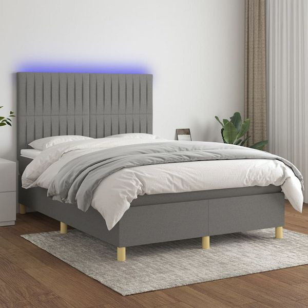vidaXL Boxspringbett mit Matratze & LED Dunkelgrau 140x200 cm Stoff, 3135598
