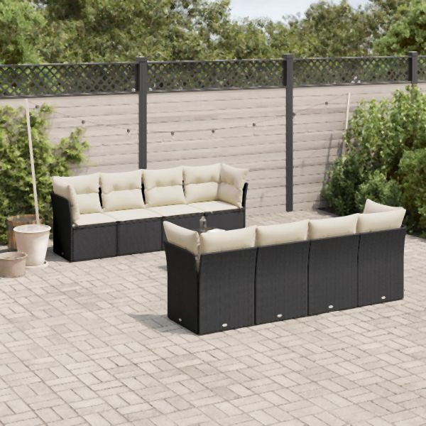 vidaXL 9-tlg. Garten-Sofagarnitur mit Kissen Schwarz Poly Rattan, 3249145