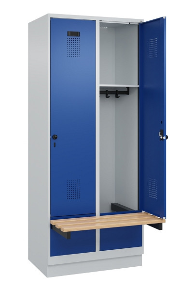 C+P Spind Evolo PLUS, 2 Abteile, 1950x800x815mm, 7035/5010, Drehriegel, Sitzfläche Holz, Sitzbank auskragend Sockel, 049040-22 S10006