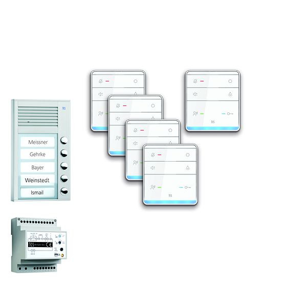 TCS Türkontrollsystem audio:pack AP für 5 Wohneinheiten, mit Außenstation PAK 5 Klingeltasten, 5x Freisprecher ISW5010, Steuergerät BVS20, PPAF05-EN/01