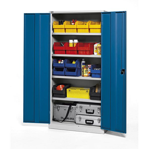 Deskin Materialschrank aus Stahl - XXL-Tiefe 600 mm, Korpus Lichtgrau RAL7035, Türen Enzianblau RAL5010, B 920 x H 1950 x T 600 mm, 284585