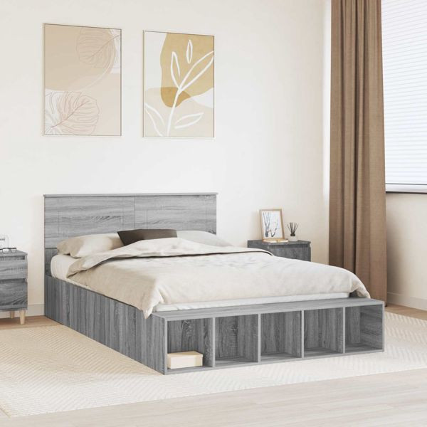 vidaXL Bettrahmen mit Regal Graues Sonoma 140 x 200 cm Holzwerkstoff, 3408373